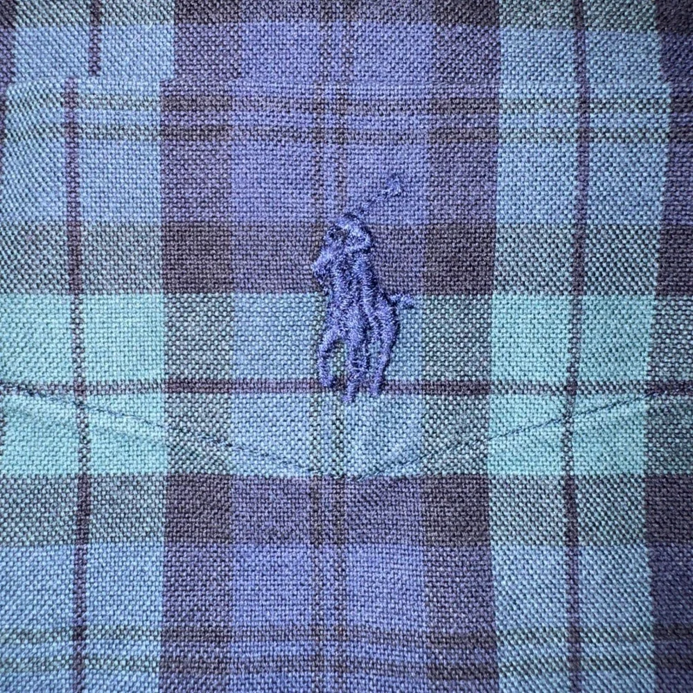 Ralph Lauren Mens Plaid Button Down Dress Shirt Green Blue Long Sleeve Pony Med